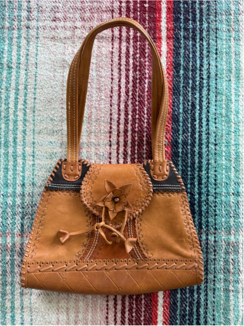 Vintage Caramel Brown Leather Flower Purse